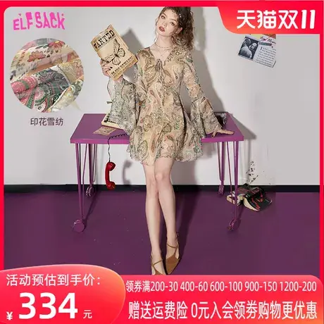 【商场同款】妖精的口袋复古印花雪纺v领连衣裙女2023春夏季新款图片