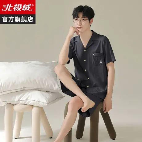 睡衣男夏季短袖梭织棉大码薄款纯色棉质可外穿简约男士家居服套装商品大图