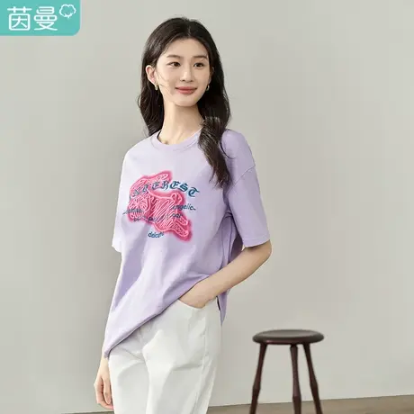 【商场同款】茵曼休闲T恤2023夏女装新款圆领印绣花短袖宽松上衣商品大图