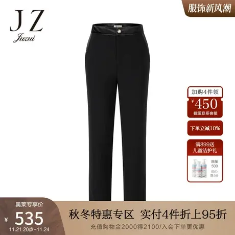 JZ玖姿秋季素黑羊毛布自然腰直筒裤商品大图