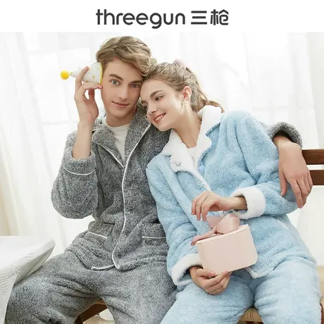 三枪睡衣男女法兰绒2023秋冬新品开襟翻领起居加厚情侣家居服套装图片