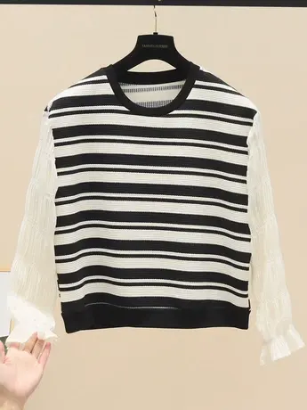 设计感拼接褶皱泡泡袖假两件T恤女2023春装新款别致条纹上衣ins潮商品大图