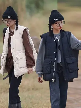 羽绒棉马甲女2023秋冬学院风宽松洋气马夹大口袋坎肩外套无袖背心商品大图