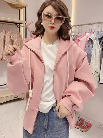 短款粉色连帽卫衣女2023春秋季新款小个子宽松拉链开衫外套潮ins商品大图