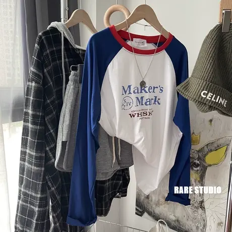 春新款韩国单插肩袖撞色做旧字母纯棉休闲洋气百搭长袖T恤内搭女图片