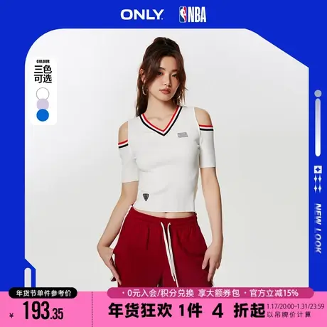 ONLY2023冬季新款NBA联名款时尚V领露肩短袖针织衫女|123224027商品大图