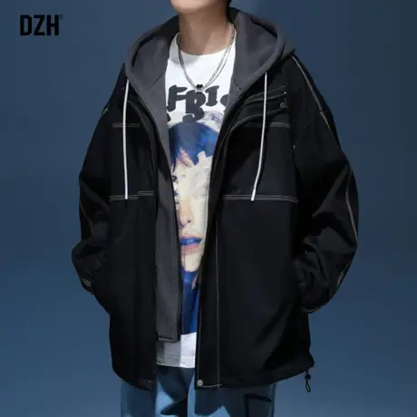 男士黑色外套男春秋季假两件连帽拼接休闲夹克2023新款潮流男装商品大图