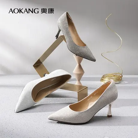 [门店发货]奥康女鞋 春新品浅口套脚舒适超高细跟结婚婚鞋图片