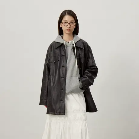 omont蛋挞家 复古环保pu皮衣外套2025春季新款宽松休闲机车服上衣图片