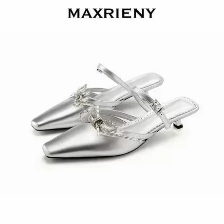 MAXRIENY法式银色高跟鞋女士尖头鞋蝴蝶结细跟凉鞋2025春季新款图片
