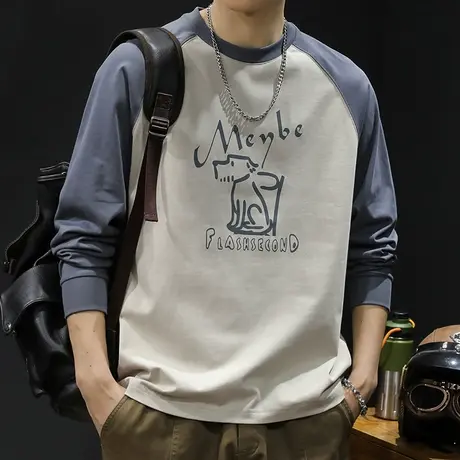 秋季潮牌长袖t恤男纯棉宽松大码2023新款男士重磅潮流内搭春秋款图片