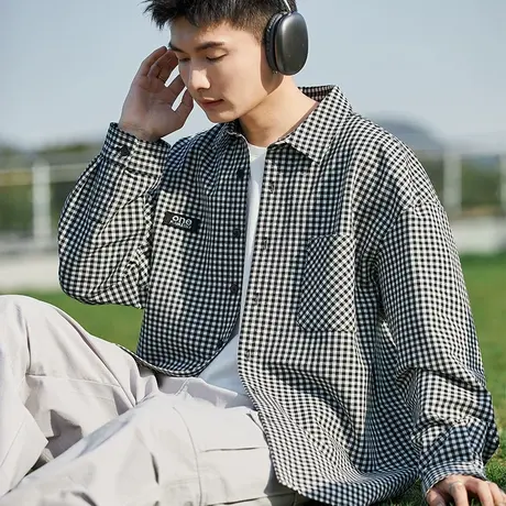 唐狮格子衬衫男春秋季新款复古黑白格纹外套休闲百搭港风衬衫潮图片