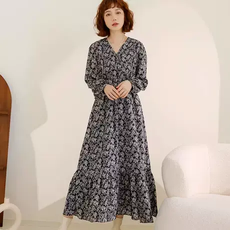 桔熊春秋季法式浪漫搭大衣的碎花收腰荷叶连衣裙子女神大码DA9547图片