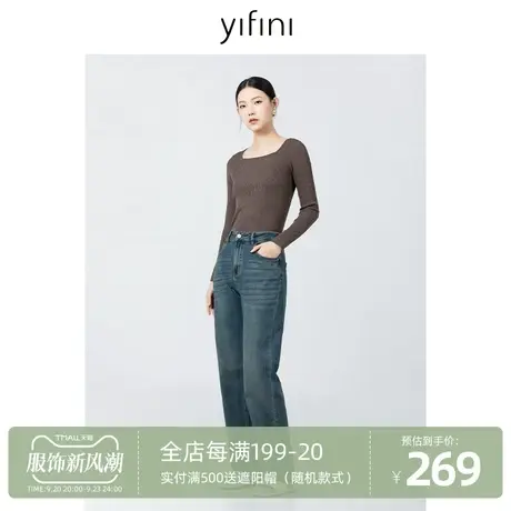 Yifini/易菲复古文艺高腰显瘦直筒牛仔裤女2023秋季新款休闲长裤商品大图