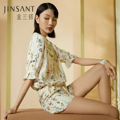 金三塔春夏新品 真丝睡衣女短袖两件套100%桑蚕丝印花家居服商品大图