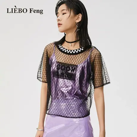裂帛LIEBOFeng商场同款2023年春夏透视网格金属色针织合体T恤女商品大图