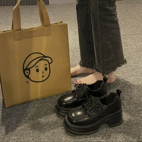 英伦风小皮鞋女春秋季法式玛丽珍单鞋2023新款黑色松糕厚底高跟鞋图片
