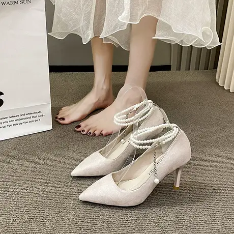 法式高跟鞋女细跟2023新款春秋气质名媛白色尖头单鞋仙女风伴娘鞋图片