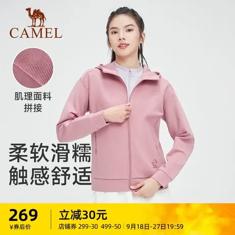 骆驼女装外套女士2023秋季新款防风保暖针织拉链拼接时尚连帽女商品大图