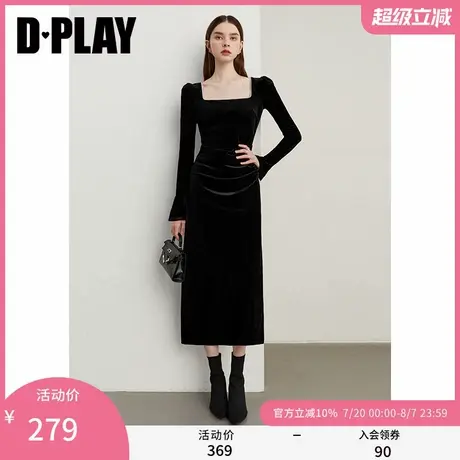 DPLAY冬季新款法式黑色方领褶皱设计显瘦长款连衣裙长袖女商品大图
