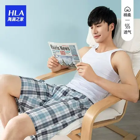 HLA/海澜之家夏季纯棉沙滩裤男宽松休闲五分睡裤居家格子短裤薄商品大图