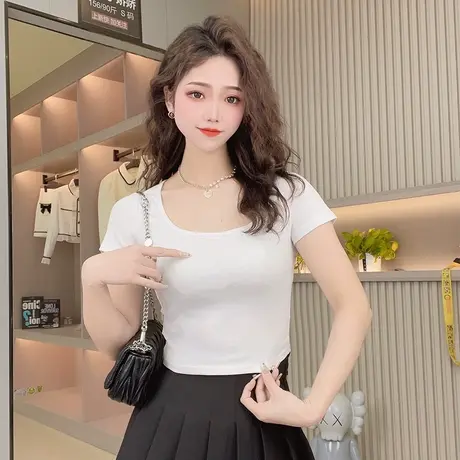 纯色百搭显瘦正肩T恤女装粉色甜辣妹短款小众露肚脐修身纯欲上衣商品大图