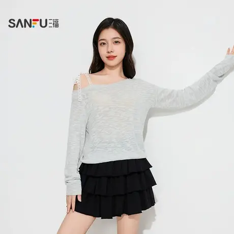 三福女秋季蕾丝肩带罩衫长T恤 时尚个性宽松单衣上衣女509458图片
