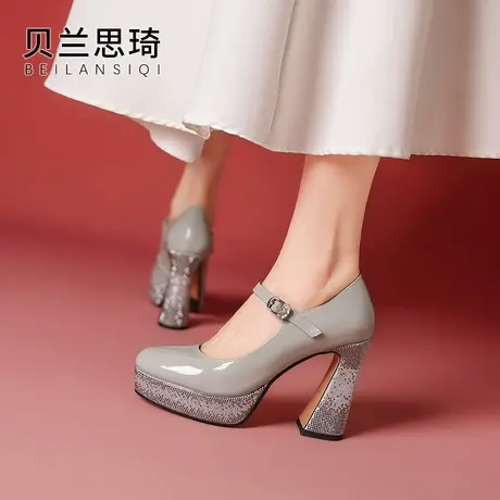 真皮水钻一字带圆头粗跟单鞋女2025春秋季新款法式防水台高跟鞋图片