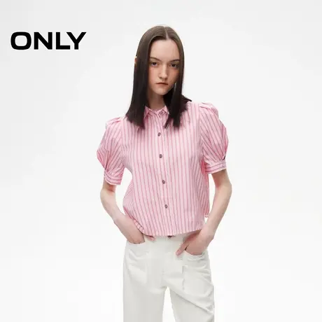 【ONLY奥莱清仓】秋季甜美风休闲条纹刺绣泡泡袖正肩衬衫女商品大图