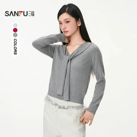 #三福毛衣2025秋季绑带V领蕾丝拼接下摆假两件上衣女装507322商品大图