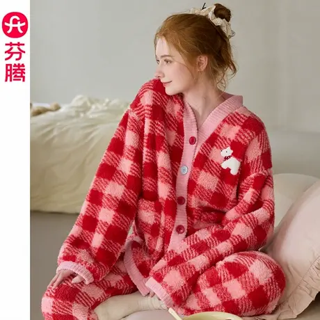 芬腾红格珊瑚绒睡衣女秋冬加绒加厚甜美外穿家居服套装2025年新款商品大图
