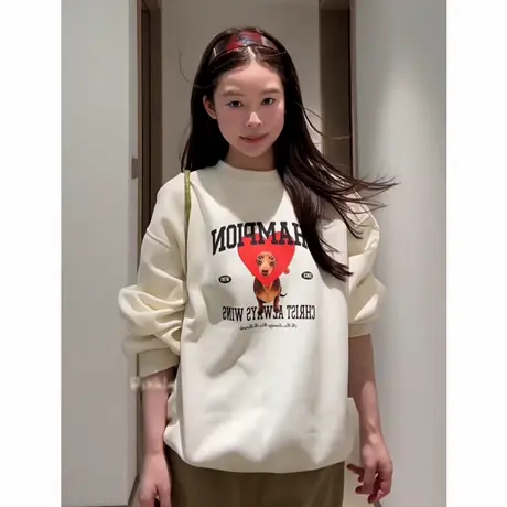韩版氛围感超美小狗印花长袖卫衣女2025秋季流行风格百搭圆领上衣商品大图