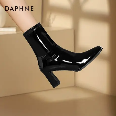 达芙妮高跟短靴女2024秋冬新款女鞋法式瘦瘦靴黑色性感粗跟高跟鞋图片