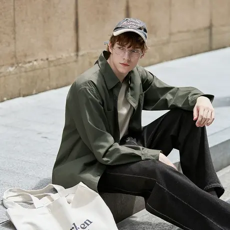 唐狮新款春秋季长袖衬衫男士翻领字母刺绣高级感痞帅黑色上衣TMTA图片