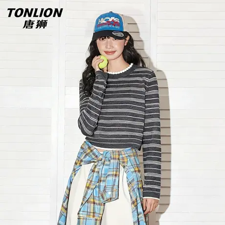 唐狮条纹针织衫上衣女2026新款春秋款小个子短款设计感毛衣外套VB图片