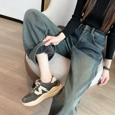 复古阔腿牛仔裤女2023秋冬新款高腰宽松小个子窄版加绒加厚直筒裤商品大图