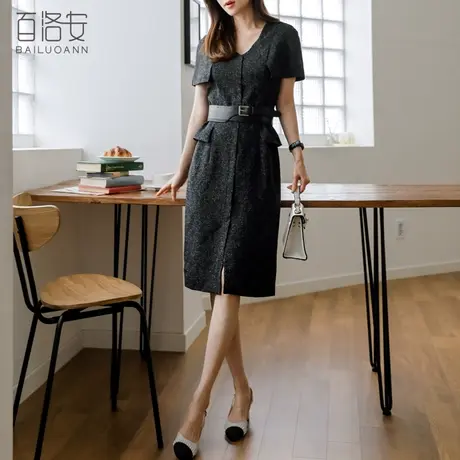 百洛安法式优雅斗篷式连衣裙2023夏新款V领气质通勤中长款女裙子图片