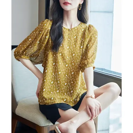 宝诗黎圆领蝙蝠袖字母印花雪纺衫女夏季2023新款洋气休闲套头上衣商品大图