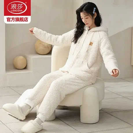 浪莎睡衣女冬季加绒加厚2023年新款珊瑚绒连帽可外穿家居服套装ZL商品大图