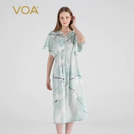 VOA暗纹提花桑蚕丝V领连肩短袖立体褶裥收腰水墨印花真丝连衣裙图片