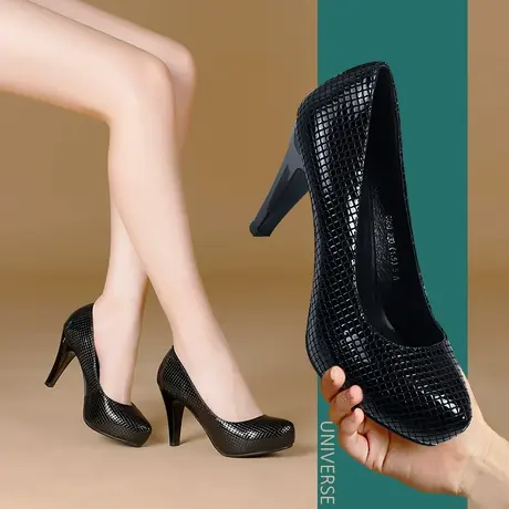 秋季新款真皮职业高跟鞋大码女鞋冬黑色皮鞋41-43细跟单鞋女图片