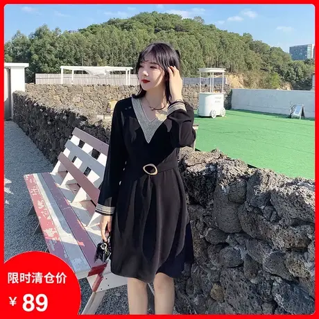 【清仓】连衣裙2024春季新款V领撞色显瘦收腰遮肚子法式A字小黑裙商品大图