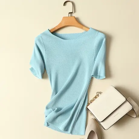 短袖t恤女装2024春夏新款冰丝针织衫女套头韩版修身打底衫女上衣商品大图