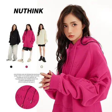 国潮刺绣潮牌玫红色卫衣加绒男女同款连帽中性风oversize情侣外套图片