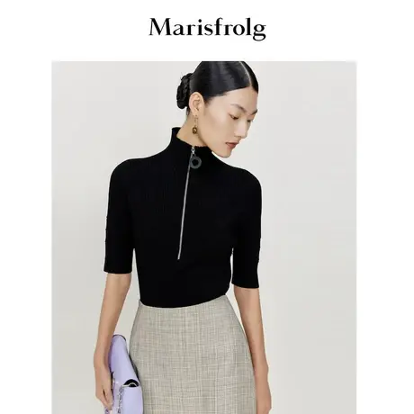 玛丝菲尔春季新款黑色高领半拉链五分袖毛针织衫打底内搭商品大图