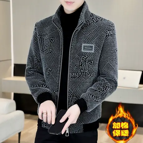 秋冬季新款呢子外套男士金貂绒立领夹克冬装加厚休闲短款毛呢大衣商品大图