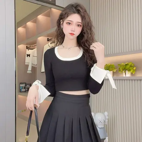 法式方领撞色t恤设计感小众赫本风打底衫短款修身显瘦蝴蝶结上衣商品大图