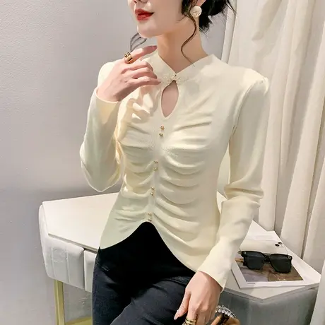 秋冬加厚针织衫长袖女装性感镂空褶皱上衣洋气修身透气套头毛衣商品大图