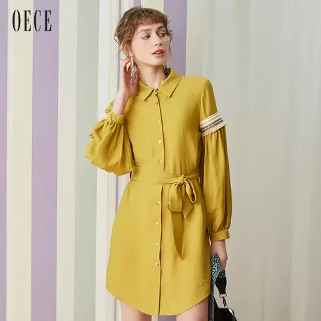Oece春装新款女装 通勤气质收腰衬衫式长袖连衣裙春女图片