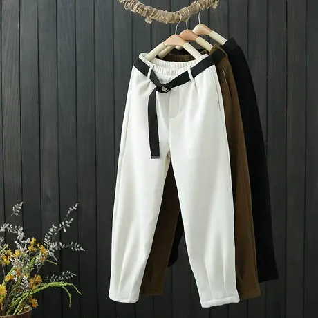 纯色加绒裤子外穿女冬季新款小个子松紧腰哈伦裤文艺风宽松休闲裤商品大图